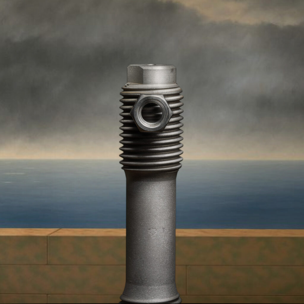 Reinterpretación de El hijo del hombre de Magritte con tornillo industrial frente a horizonte marino y cielo nublado