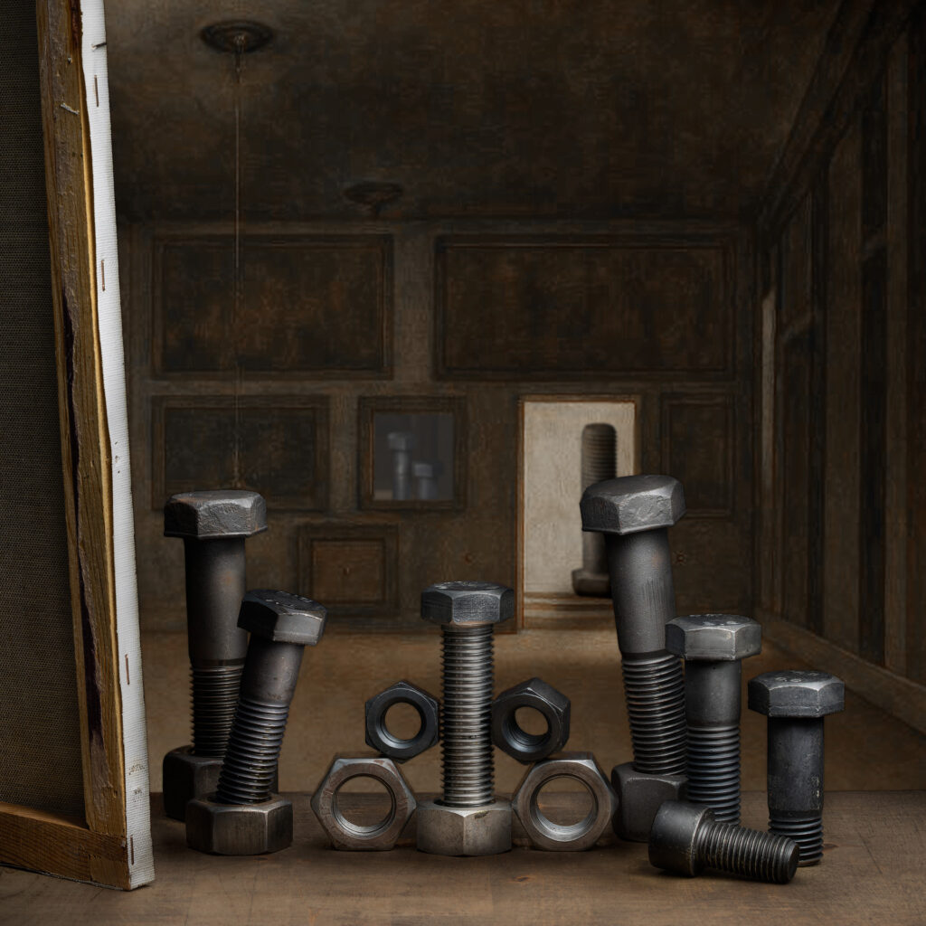 Reinterpretación de Las Meninas de Velázquez con tornillos y tuercas de acero en una sala de palacio