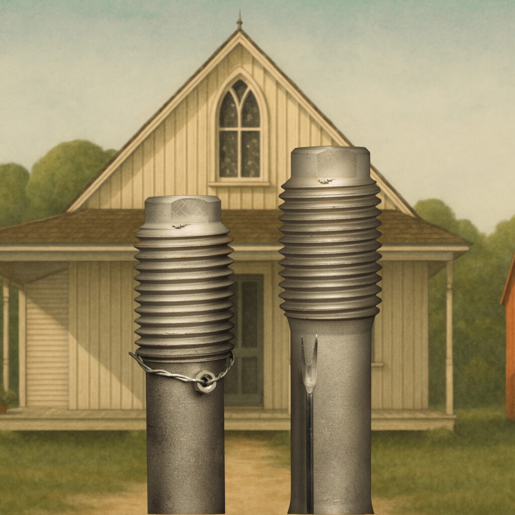 Reinterpretación del American Gothic de Grant Wood con dos tornillos frente a una casa de estilo gótico americano